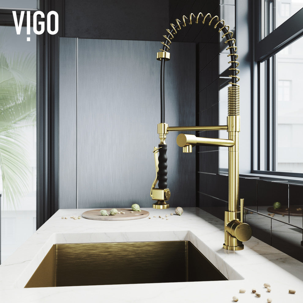 VIGO Zurich 27" H Single Handle Pull-Down Sprayer Kitchen Faucet, Matte Brushed Gold, Without Extras