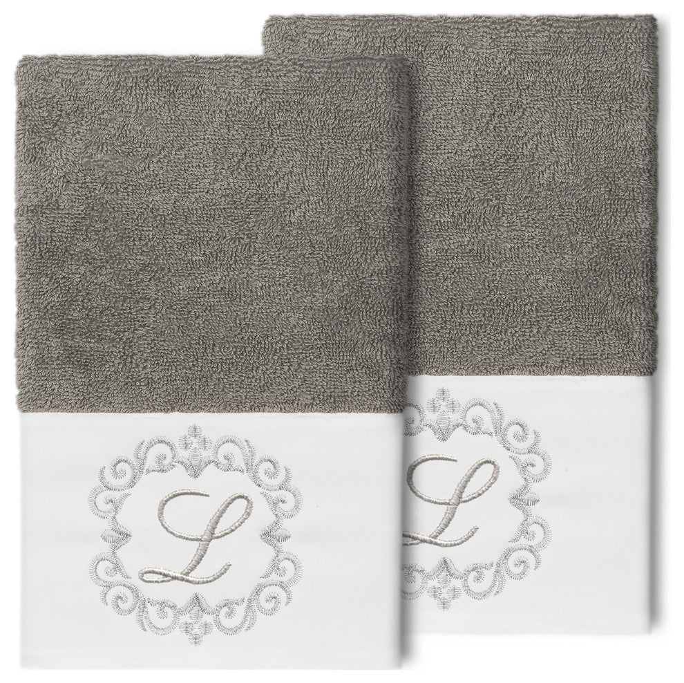 Linum Home Turkish Cotton Monica 2-Piece Embellished Hand Towel Set, Dark Gray