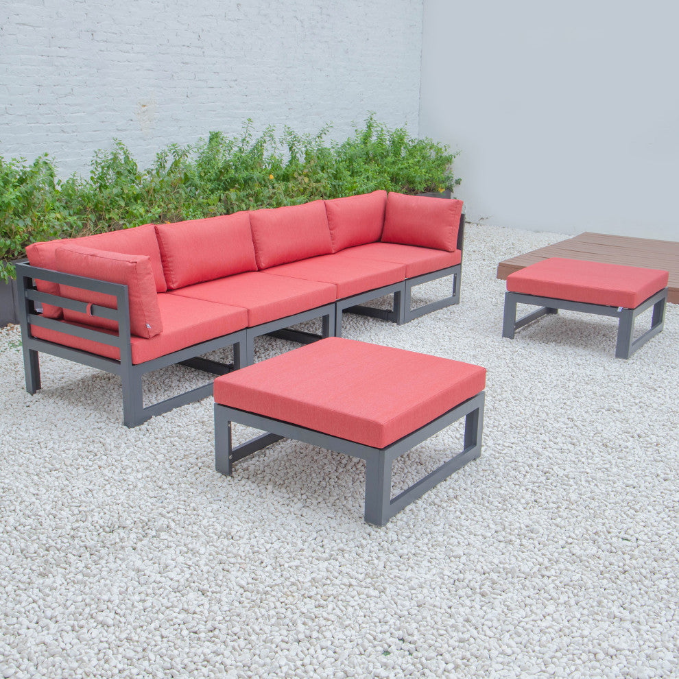LeisureMod Chelsea 6-Piece Patio Ottoman Sectional Black Aluminum, Red