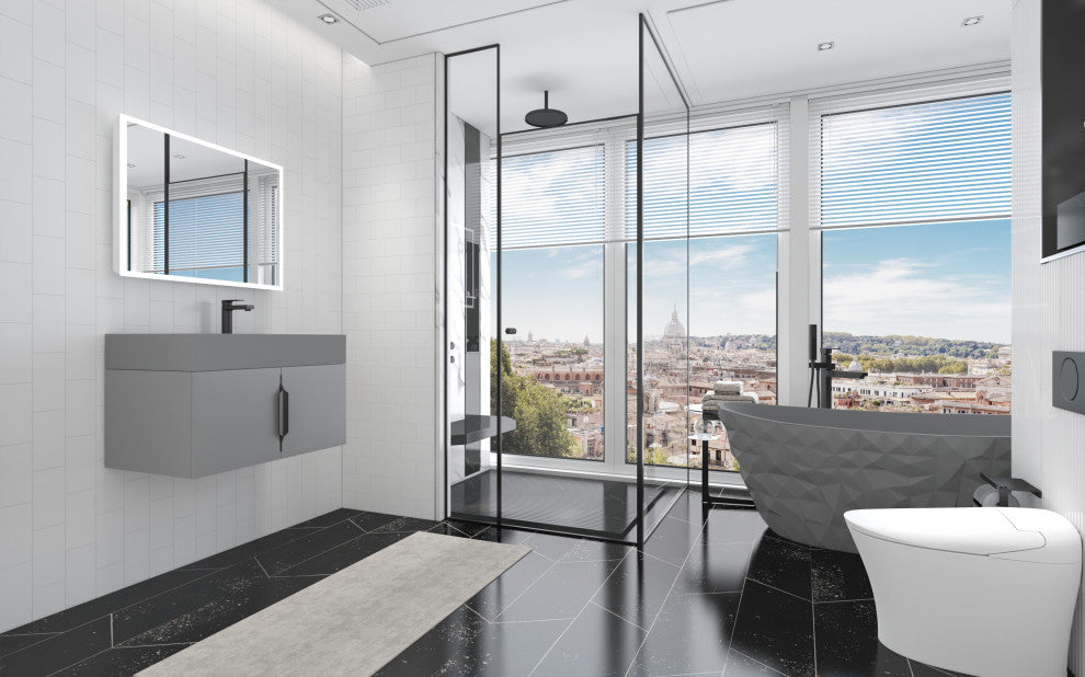 CastelloUSA Amazon 30" Right Wall Mounted Bathroom Vanity Set, Gray, Gray Top, Black Handles