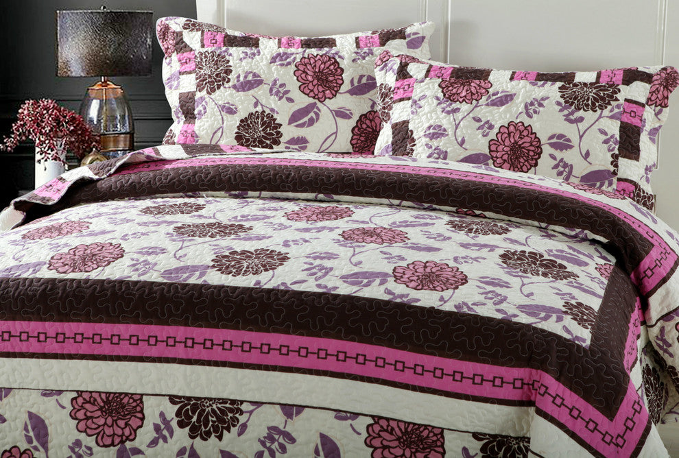 DaDa Bedding Floral Chrysanthemum Vines Pink Purple Quilt Coverlet Bedspread Set
