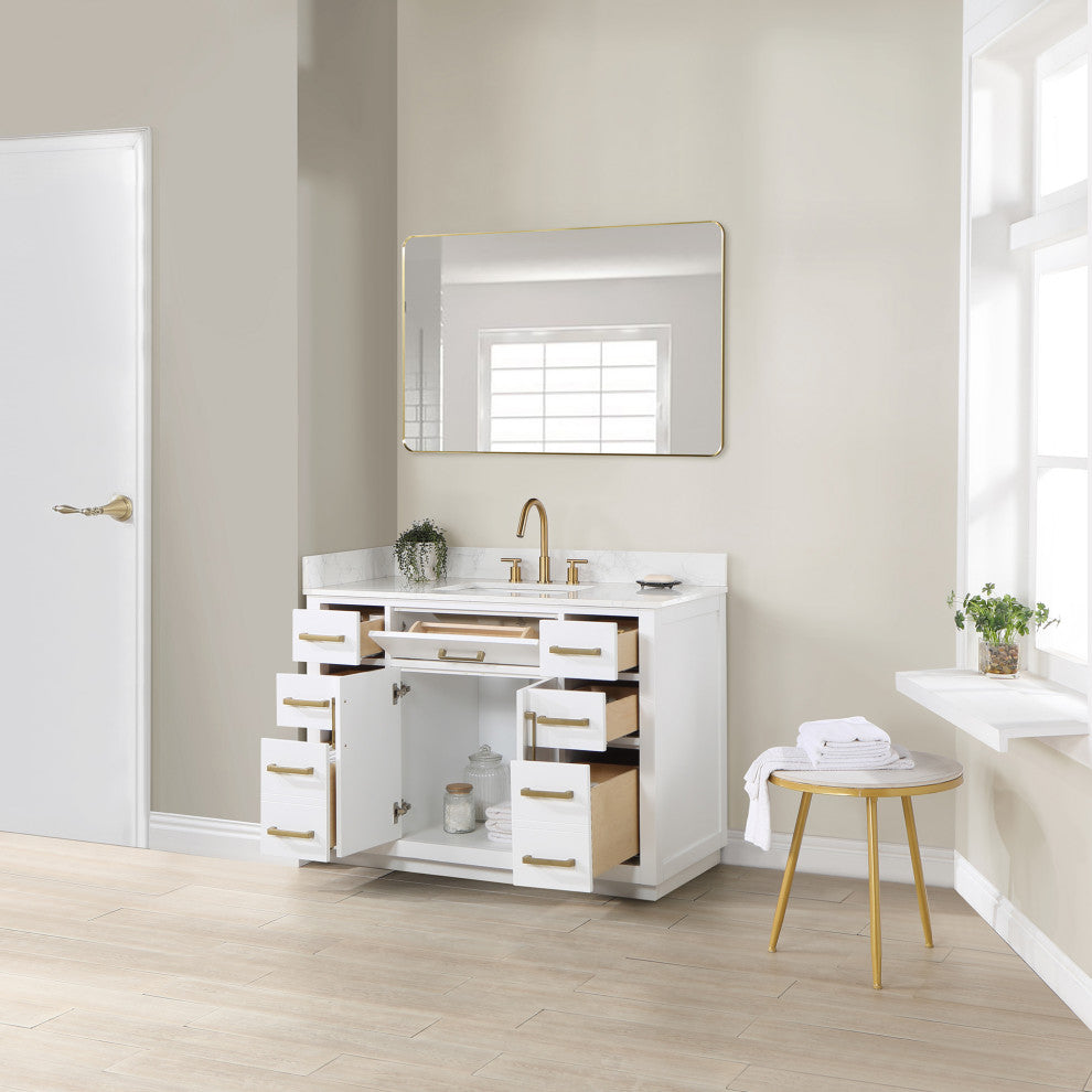 Gavino Vanity With Grain White Composite Stone Top, White/Brushed Gold, 48", With Mirror