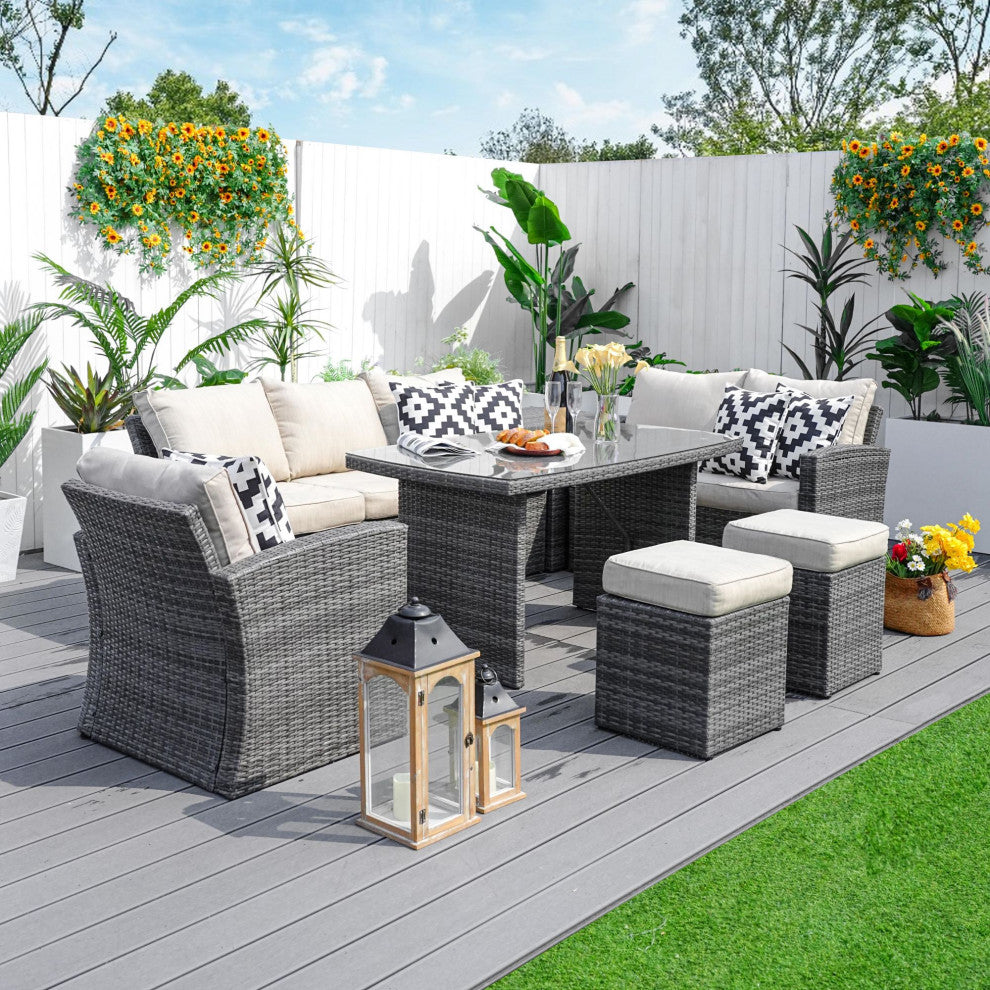 7-Piece Wicker Patio Sectional Dining Sofa Set with Storage Box, Gray