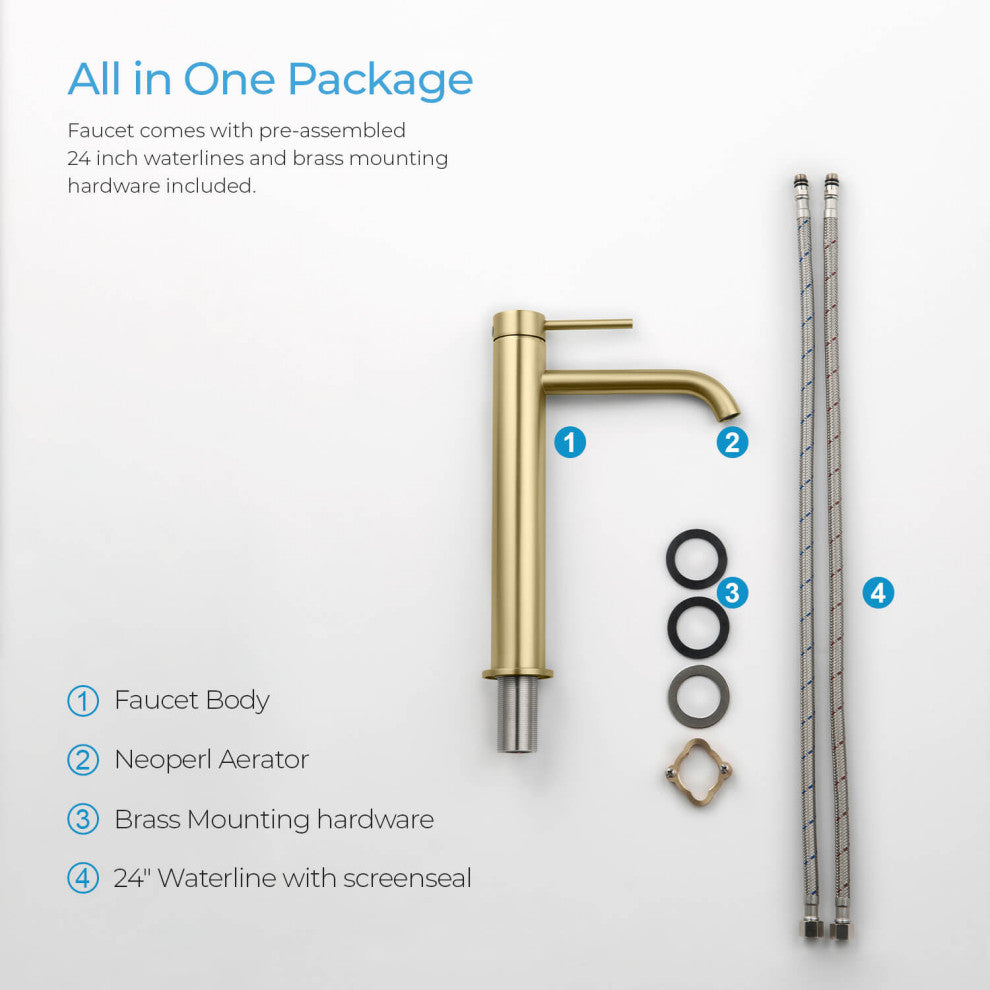 Circular Brass Single Handle Bathroom Faucet KBF1009, Brush Gold, With Drain