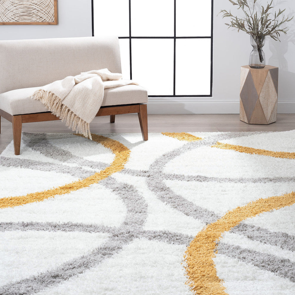 Sisto Contemporary Abstract White/Gold Indoor Rectangle Area Rug, 5''x7''