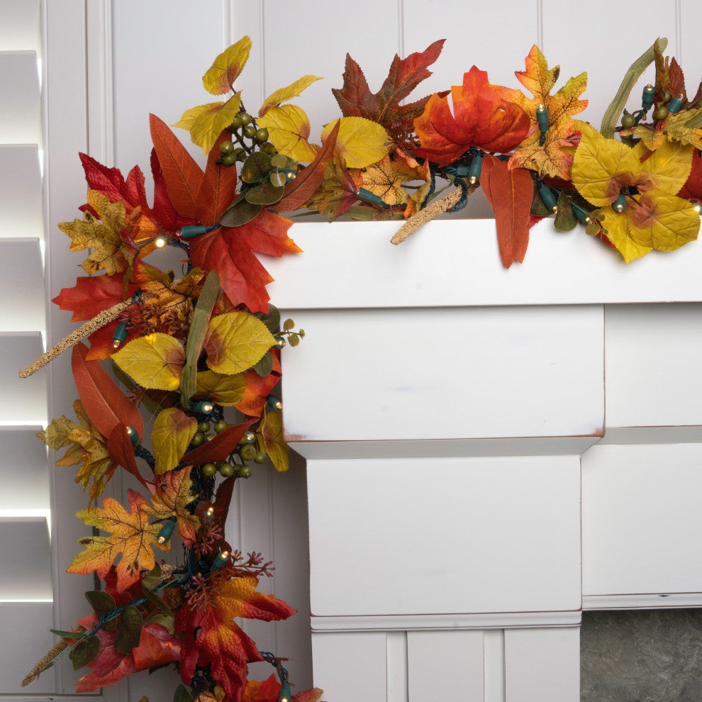 9' Artificial Garland with Lights, Fall Harvest Leaf