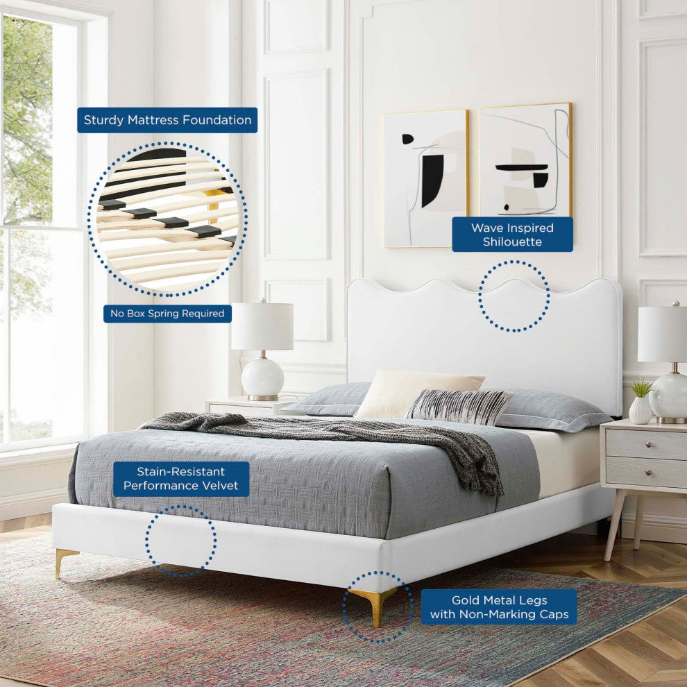 Platform Bed Frame, King Size, White, Velvet, Modern, Bedroom Guest Suite