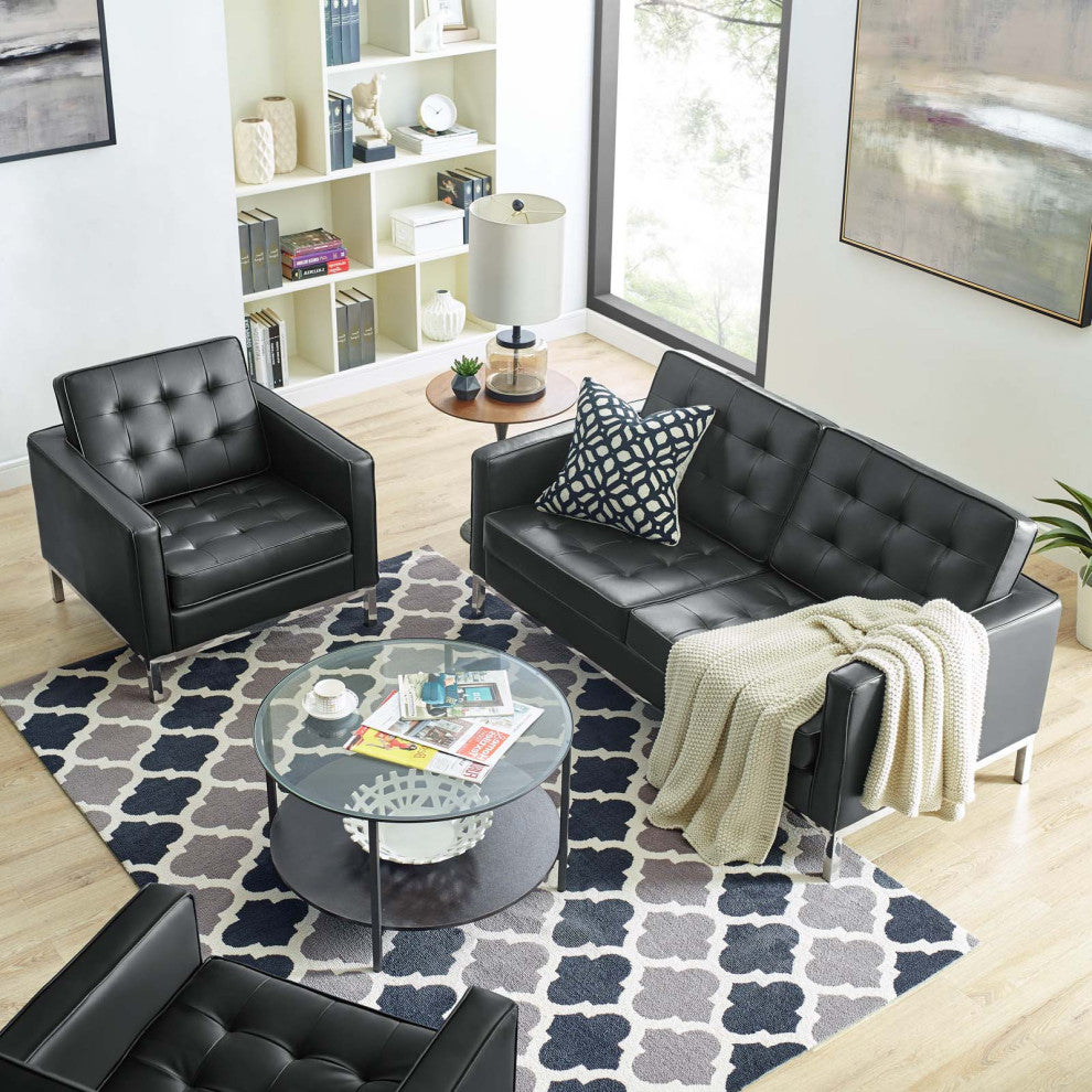 Tufted Armchair and Loveseat Sofa Set, Faux Leather, Silver Black, Modern