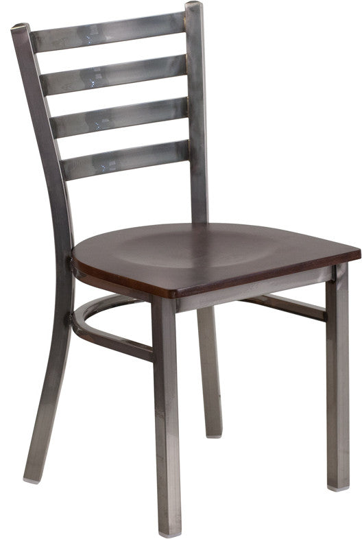 Clear Coated Ladder Back Metal Restaurant Chair, Walnut Wood Seat