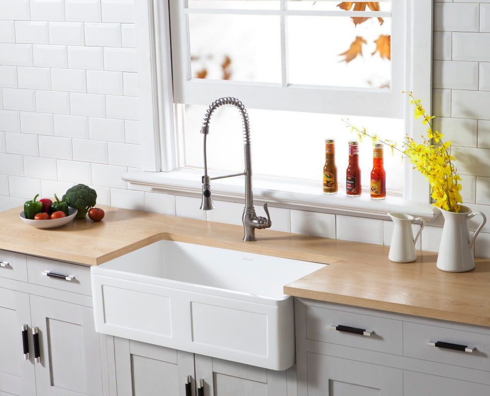 Solid Surface White Stone Front Farmhouse Single Bowl Kitchen Sink, Matte White