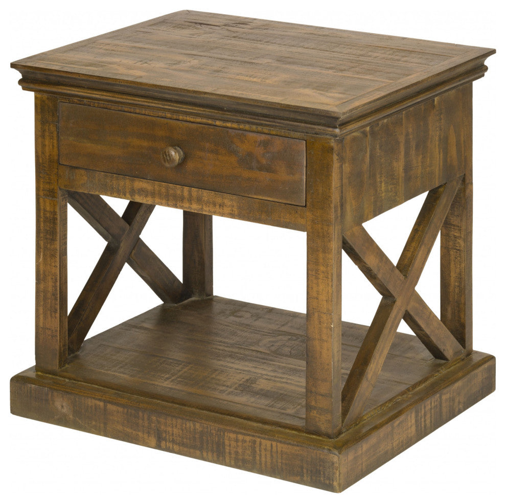 Rustic Maple Stain Wood Side Table With Drawer