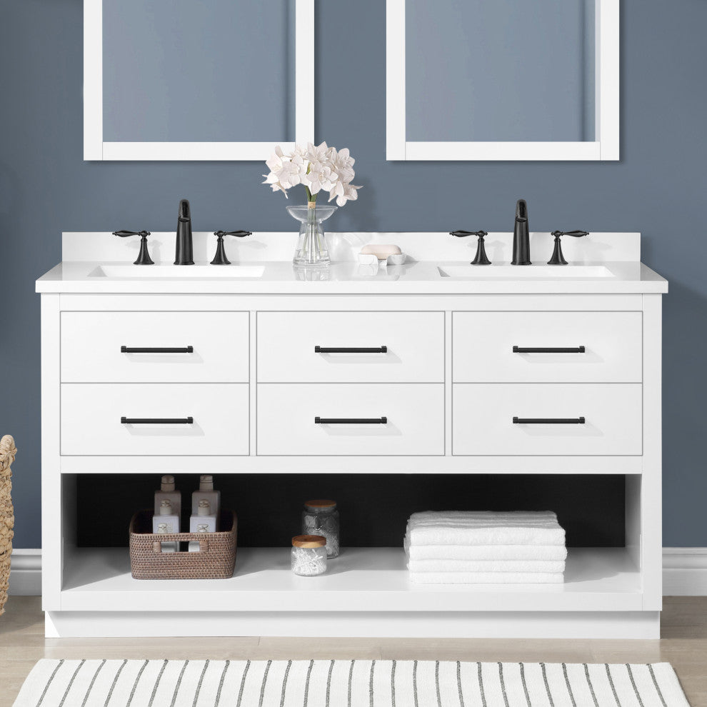 Ove Decors Rider 60" Double Sink Bathroom Vanity, White With Black Hardware