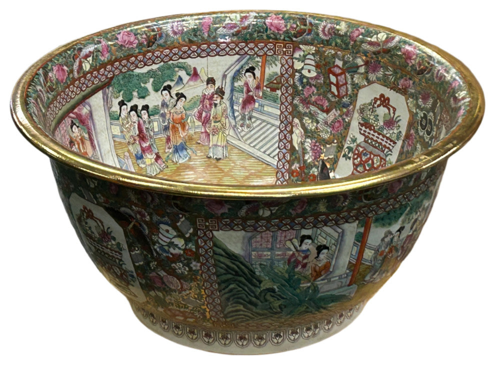 Vintage Chinese Famille Rose People House Graphic Porcelain Bowl Pot Hws4342