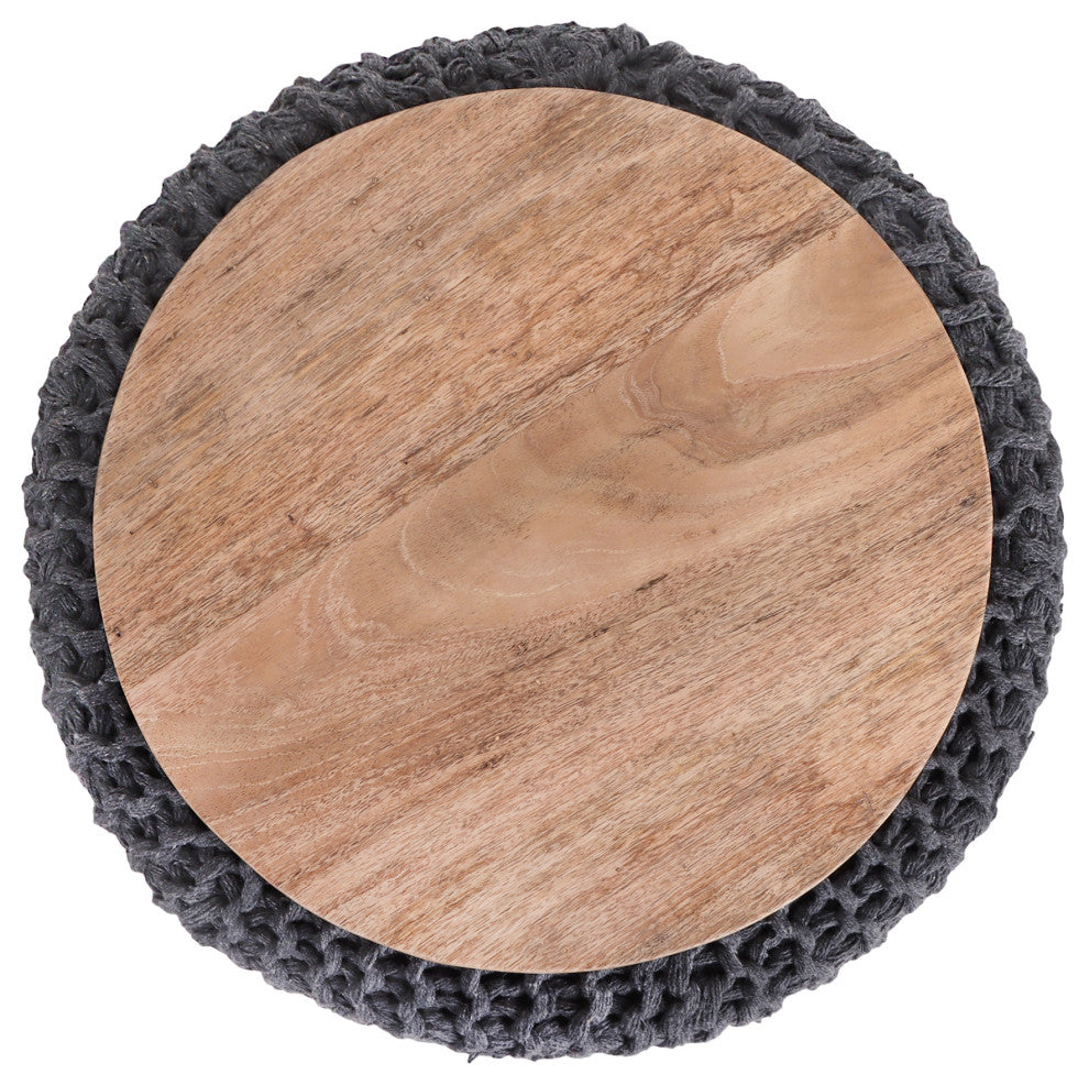 Loft Lyfe Marbella Ottoman, Hand Knitted, Wooden Tray, Cotton Yarn, Dark Gray