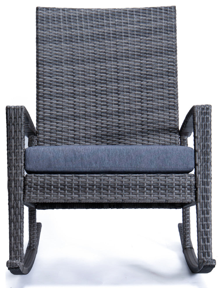 LeisureMod Duval Outdoor Wicker Rocking Chairs With Cushion, Charcoal Blue
