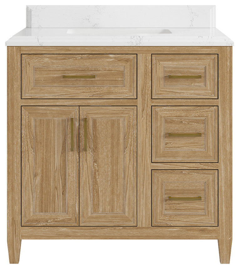 Santa Monica 36 Center Sink Bath Vanity in Whitewashed Teak 1.5" Empira Quartz