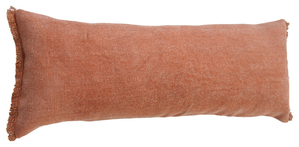 Adobe Brown Solid Stonewash Throw Pillow With Fringe, Adobe, 14"x36", Poly Fill