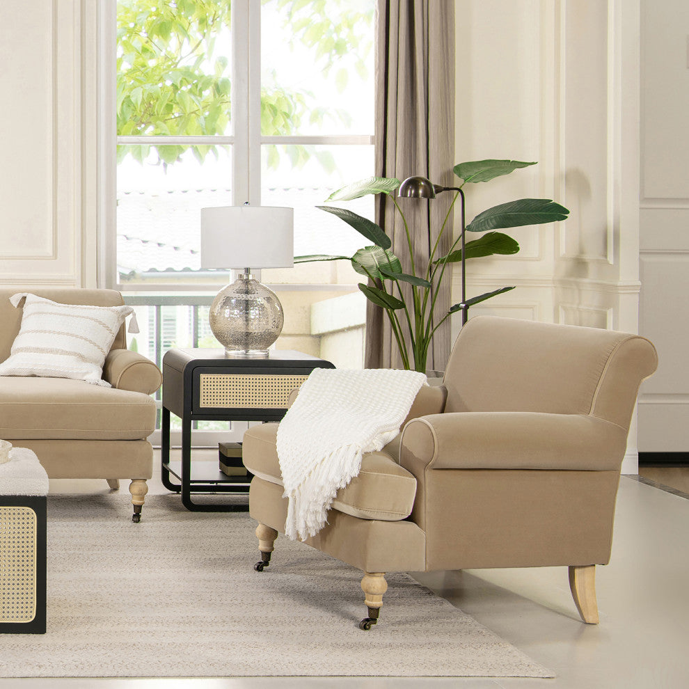 Alana 38" Lawson Accent Arm Chair, Metal Casters, Fawn Brown Performance Velvet