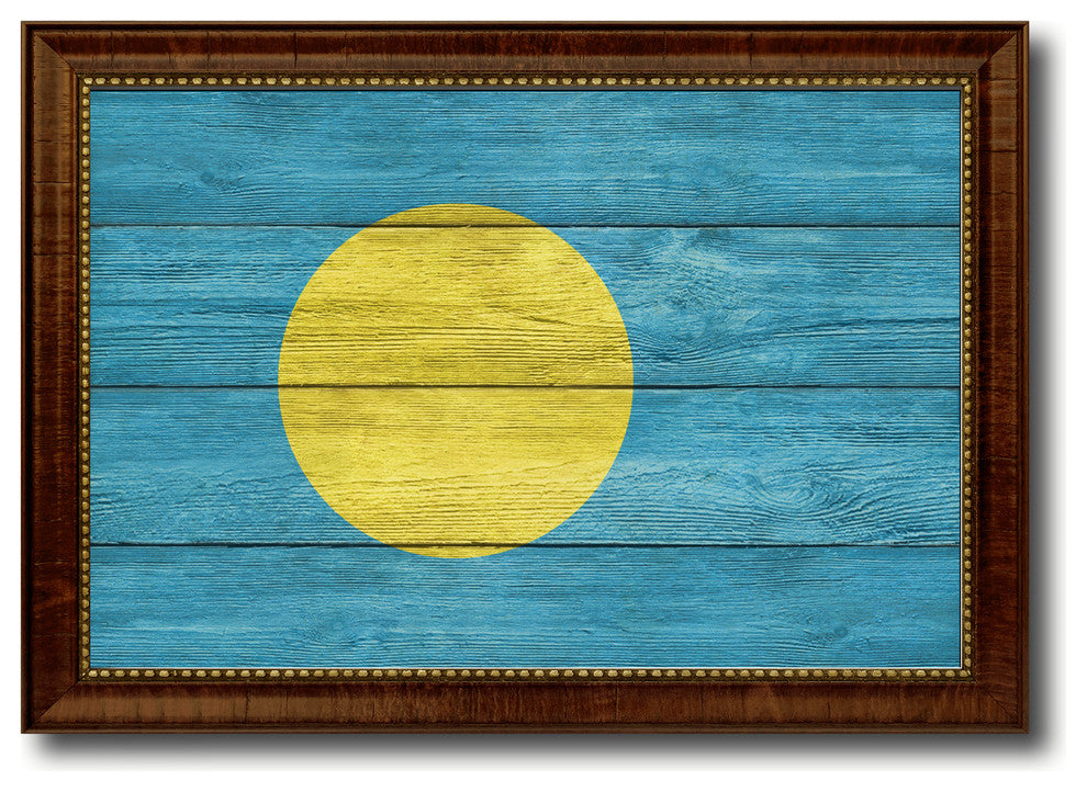 Palau Country Textured Flag Print With Brown Gold Frame, 19"X27"
