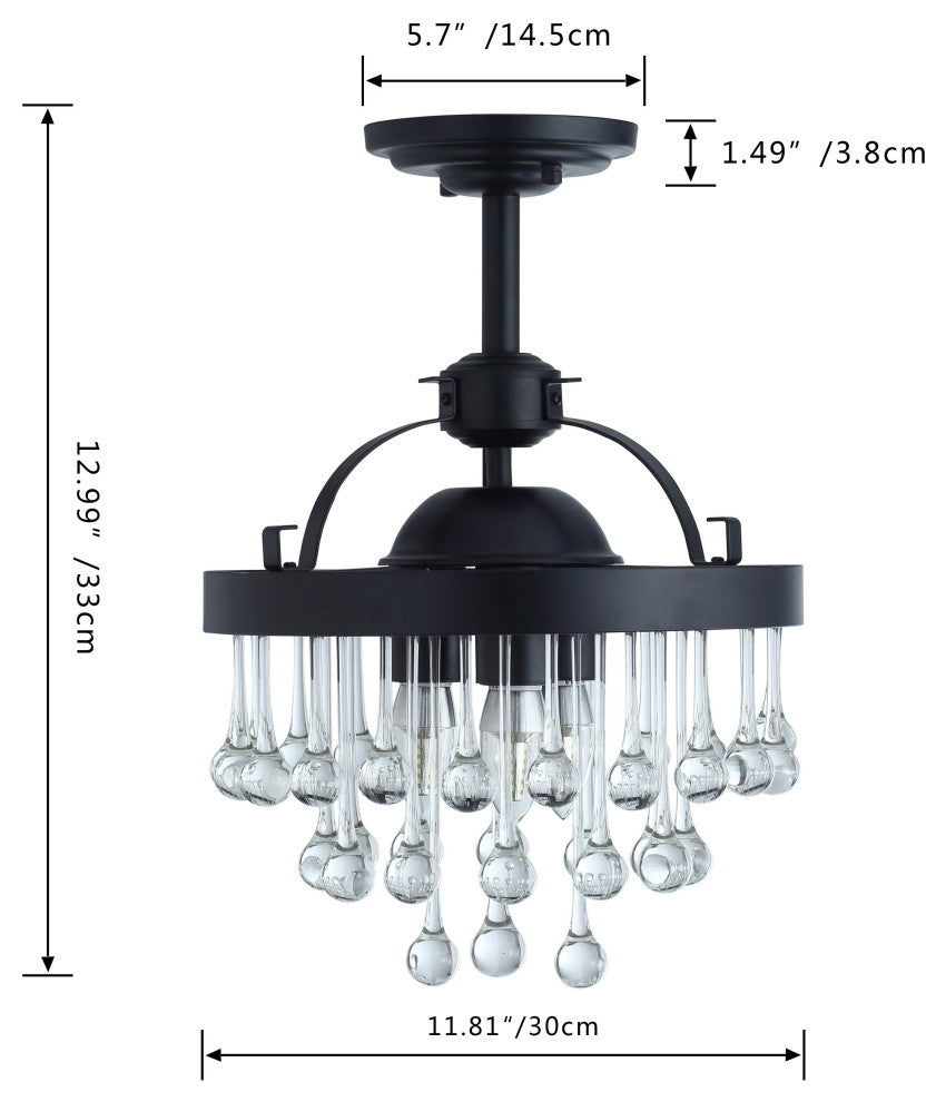 3-Lights Unique Drum Crystal Falls Semi Flush Mount Light Ceiling Light