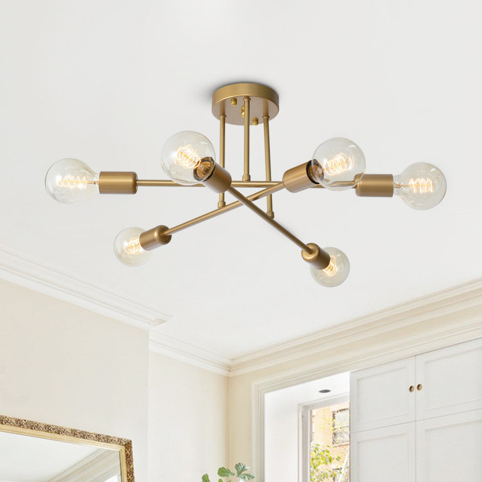 Modern Mid-century 6 Light Sputnik Linear Semi Flush Mount, Brass