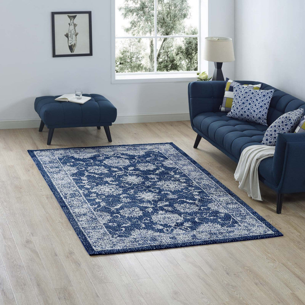 Dark Blue and Ivory Kazia Distressed Floral Lattice 5x8 Area Rug