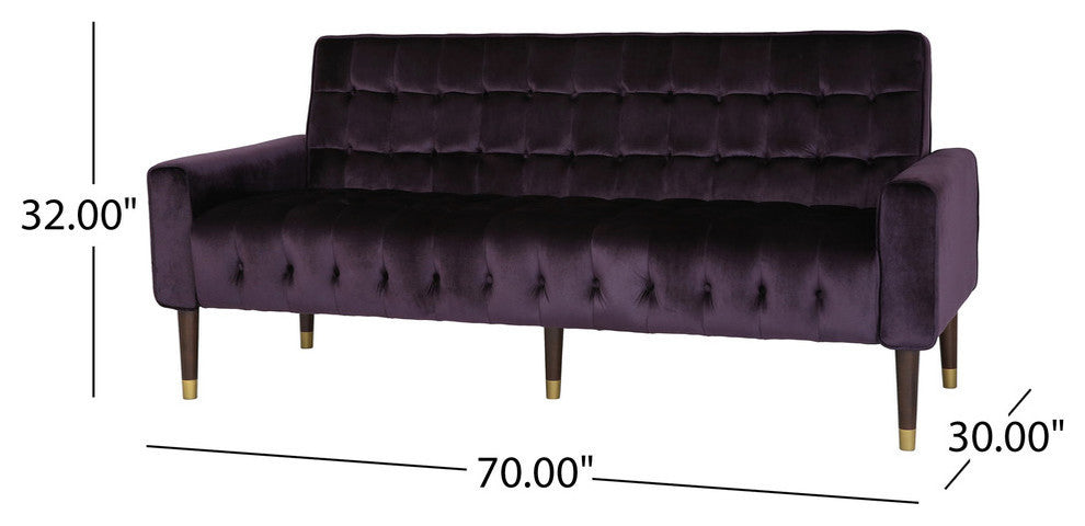 Adan Tufted Velvet Sofa With Gold Tipped Tapered Legs, Blackberry, Gold Finish