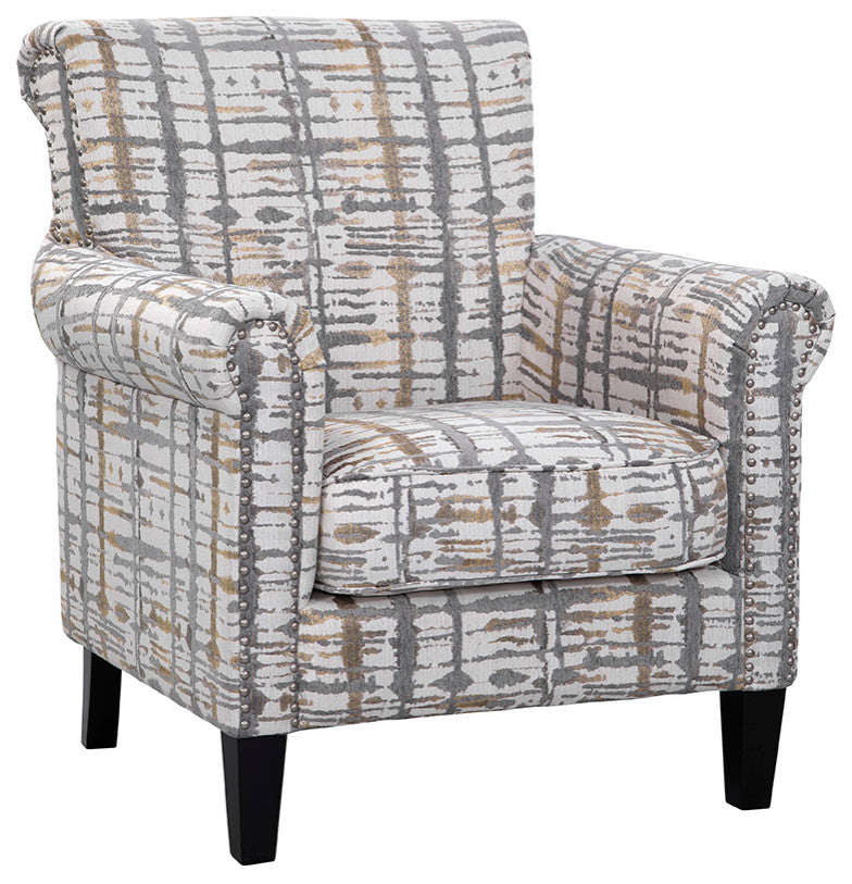 Roseanne Accent Armchair with Silver Nail Head Trim, Gold, Gray and Cream  Splatter
