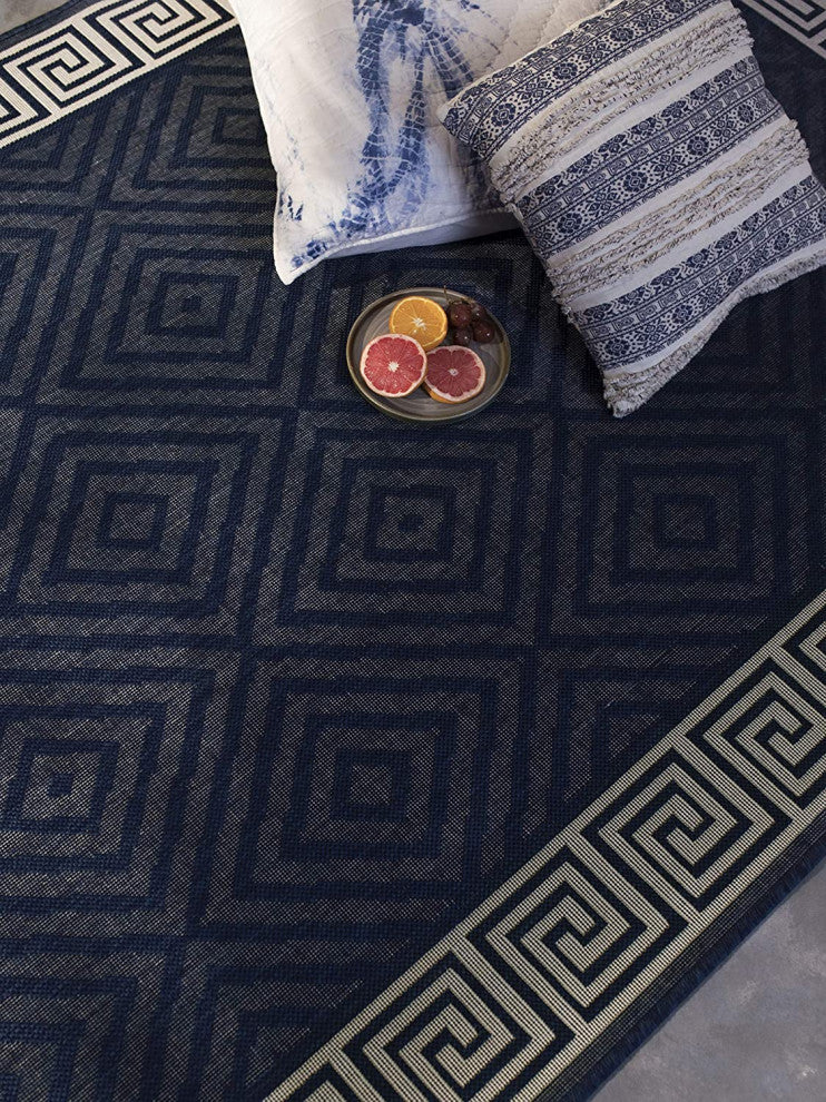 Outdoor Collection Geometric Area Rug - UV Safe Rug, Navy, 7'10"x10'