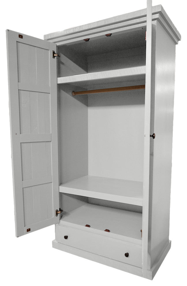 Farmhouse Extra Wide Solid Wood Wardrobe With Shutter Doors, Bright White