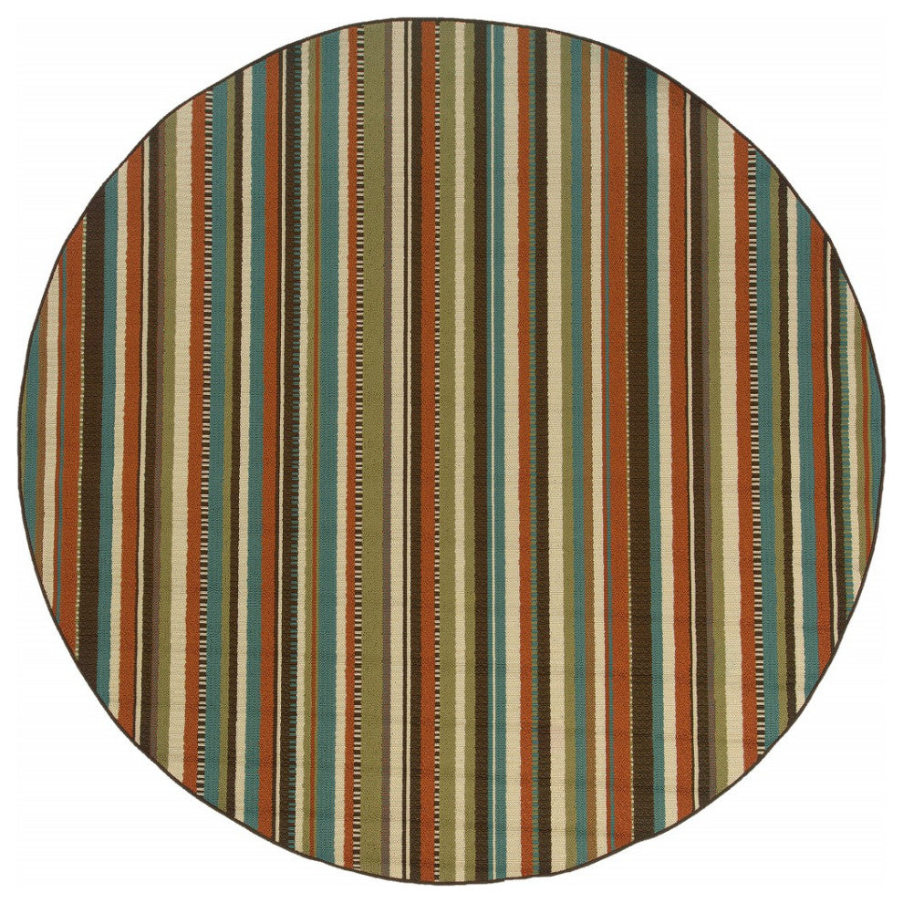 8??Round Green And Brown Striped Indoor Outdoor Area Rug