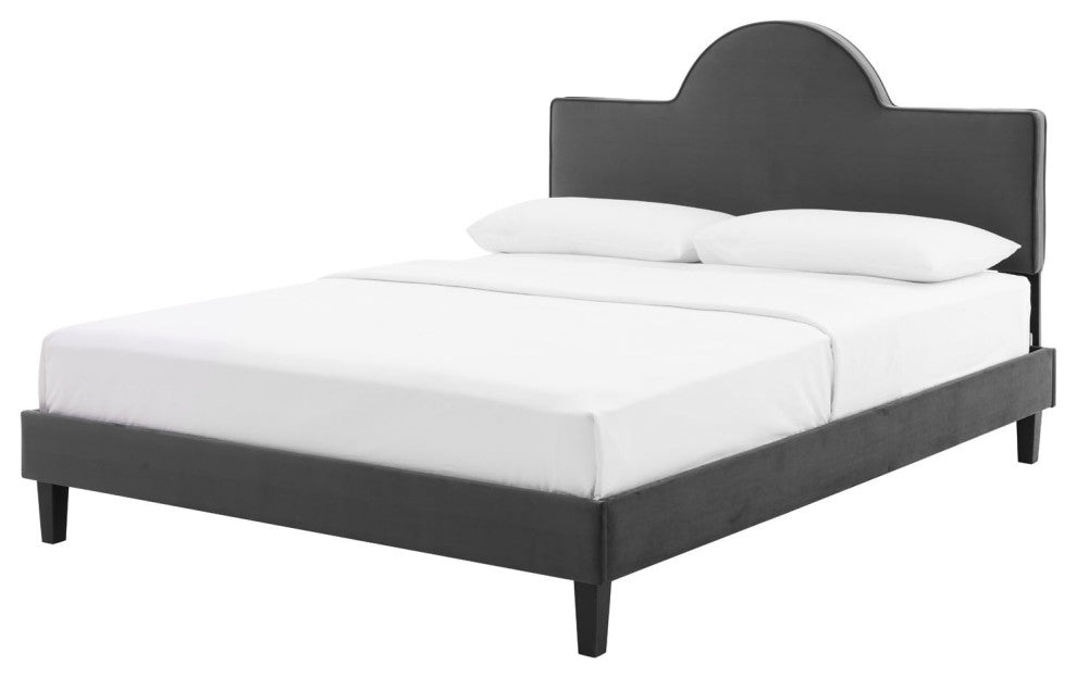 Platform Bed Frame, King Size, Charcoal Gray, Velvet, Modern, Guest Suite