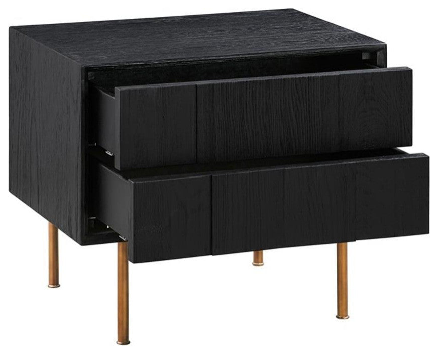 Armen Living Carnaby 2-Drawer Wood Nightstand in Black Brushed Oak and Bronze