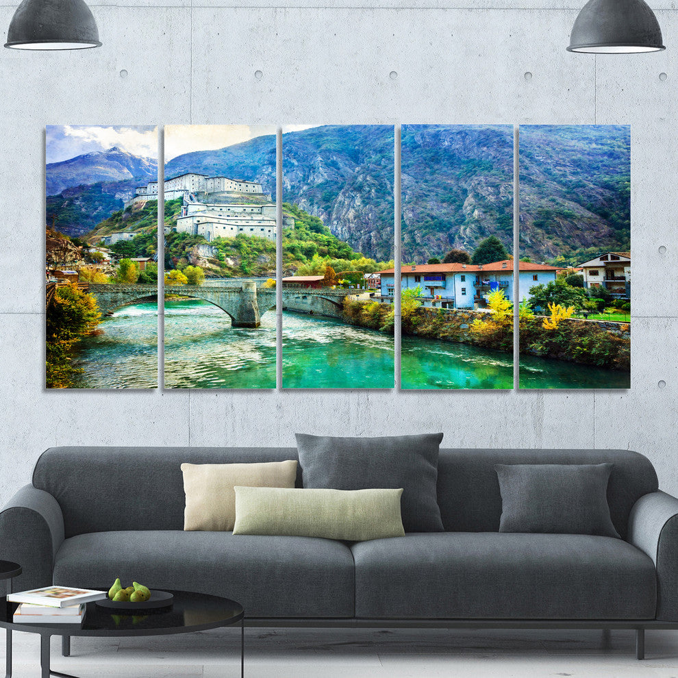 Valle d Aosta Castles Italy, Landscape Canvas Art Print, 60"x28", 5 Panels