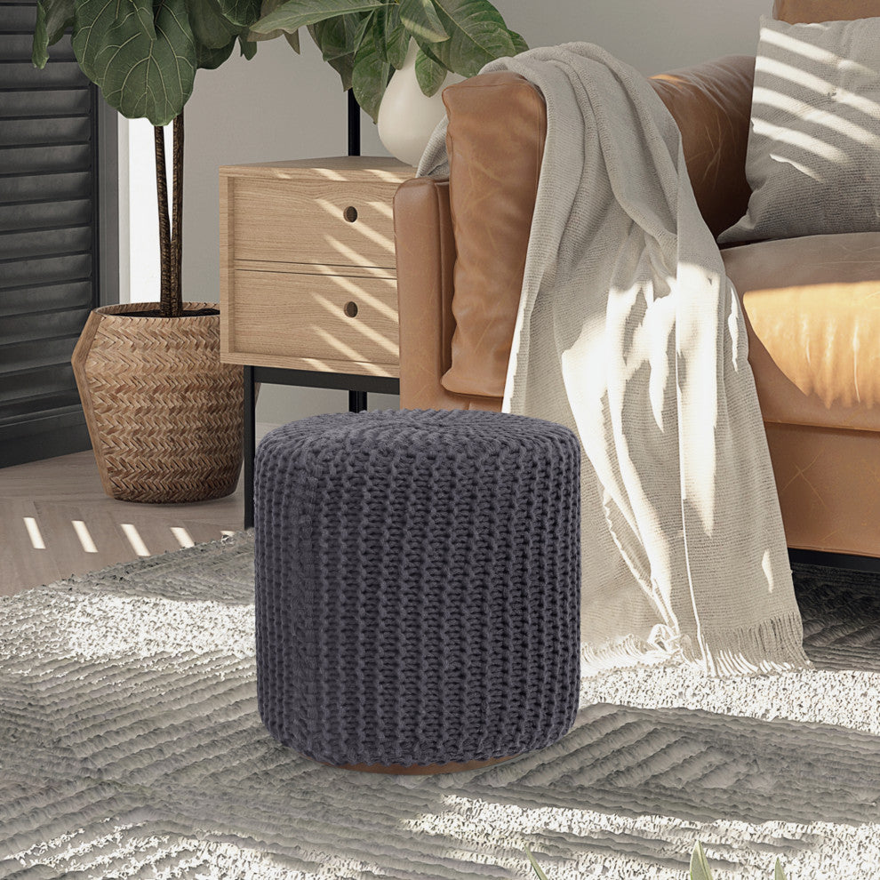 Loft Lyfe Marbella Ottoman, Hand Knitted, Wooden Tray, Cotton Yarn, Dark Gray