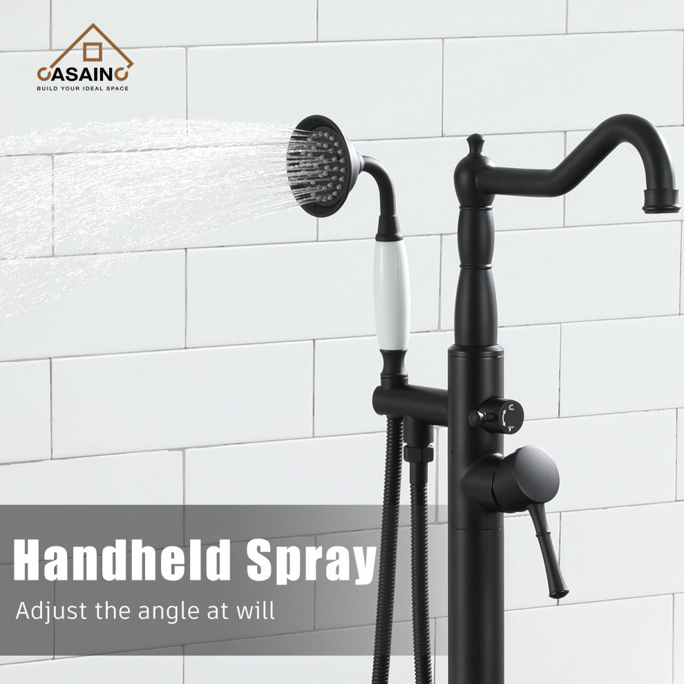 Single Handle Classical Freestanding Bathtub Faucet with Hand Shower Hand, Matte Black