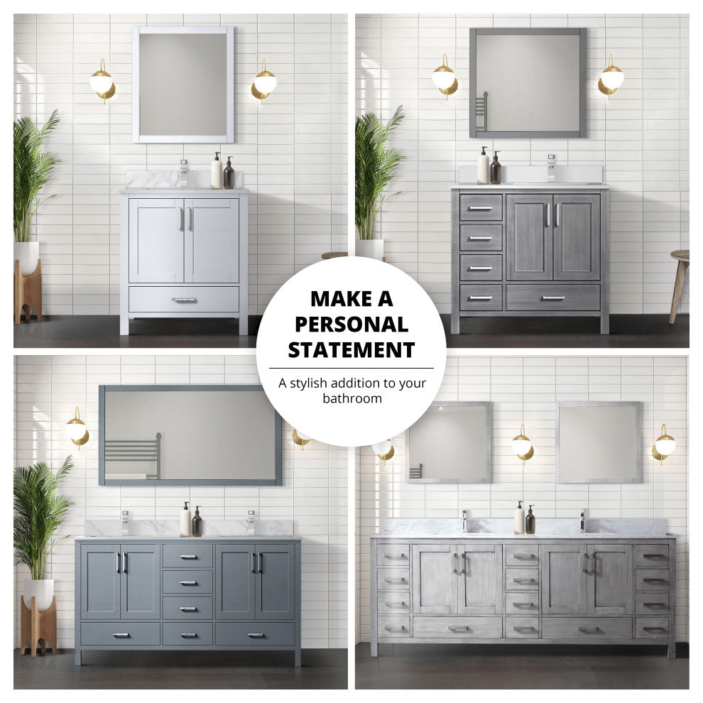 84" Distressed Gray Double Vanity, White Marble Top, White Sinks and 34" Mirrors