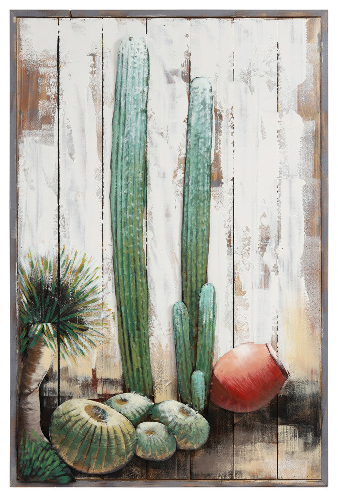 "Cacti" Metal Wall Art Hand Painted on Rugged Wooden Blocks Wall Sculpture