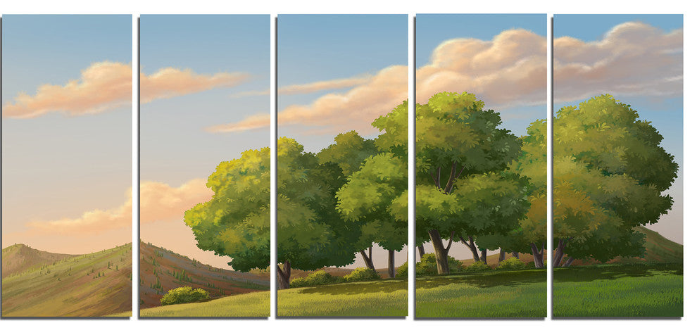 "Green Mounds With Green Trees" Landscape Wall Art Print, 5 Panels, 60"x28"