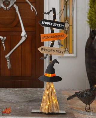 42"H Lighted Wooden Witch's Broom Porch Decor