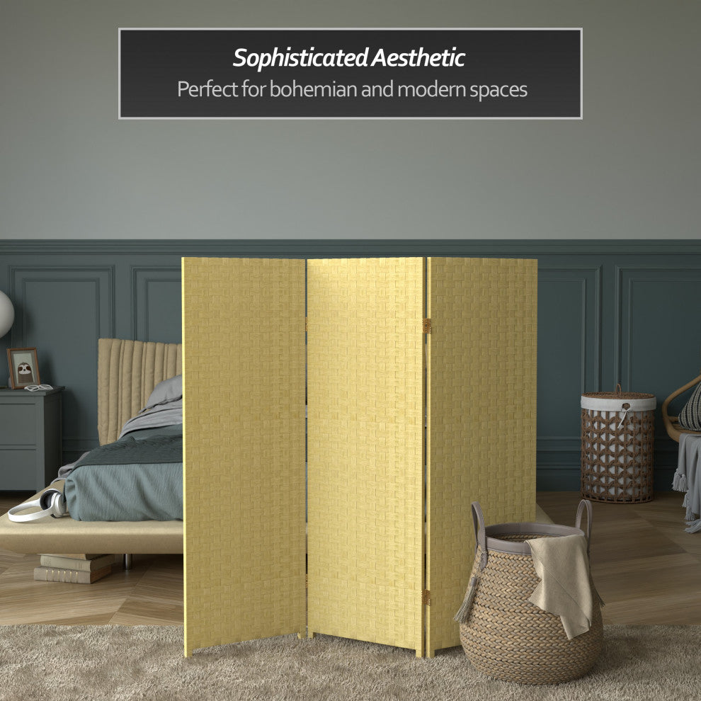 4' Tall Woven Fiber Room Divider, Dark Beige, 3 Panel
