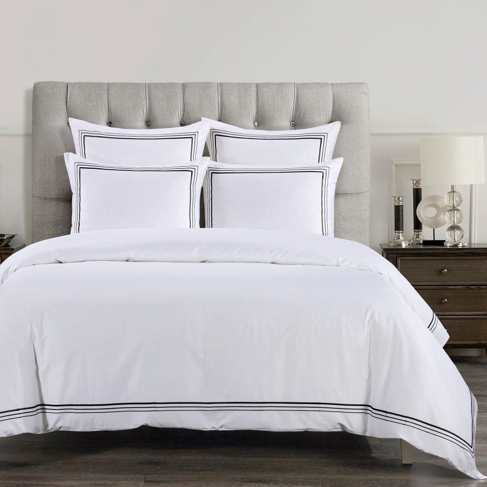 Embroidered Border Duvet Cover Set, 3 Piece, Black, King