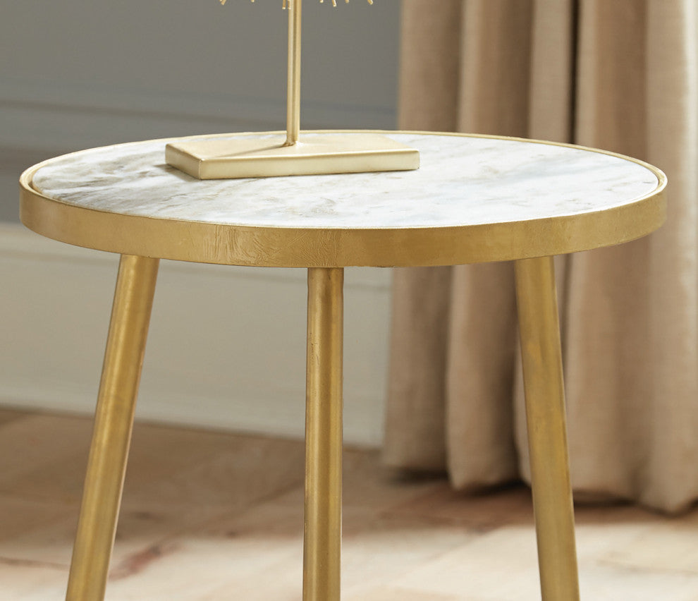 Round Accent Table, White and Gold