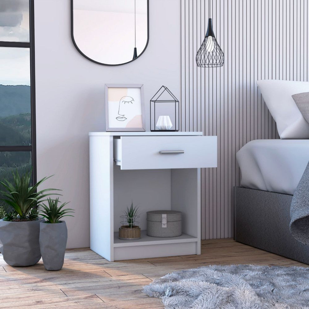 FM FURNITURE Pictor Bedroom Nightstand, with One Drawer, Lower Shelf - White