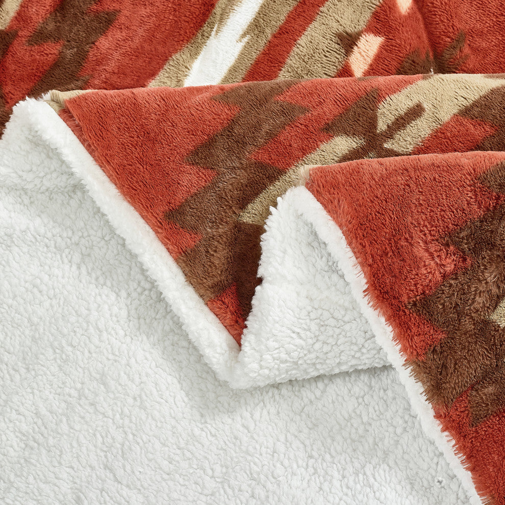 Southwest Blanket With Sherpa Backing, 90"x96", Brick Red