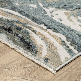 Easely Modern Abstract Elements Steel Blue/ Ivory Area Rug, 6'7" x 9'6"