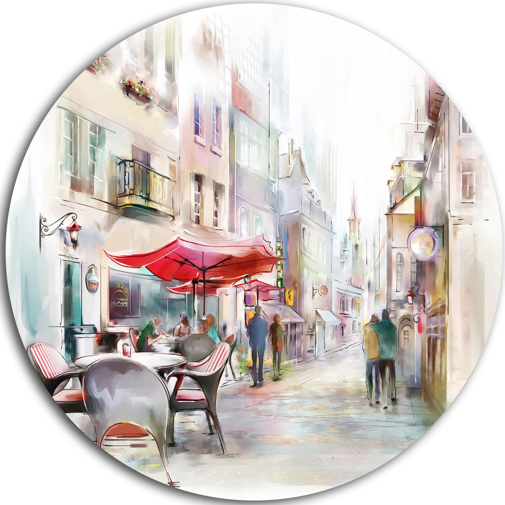 Illustrated Street Art Cityscape, Cityscape Round Metal Wall Art, 23"