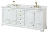 80" Double Bath Vanity, White, White Carrara Countertop, Sinks, Gold Trim