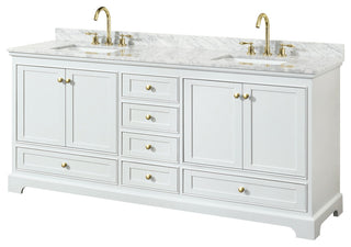 80" Double Bath Vanity, White, White Carrara Countertop, Sinks, Gold Trim