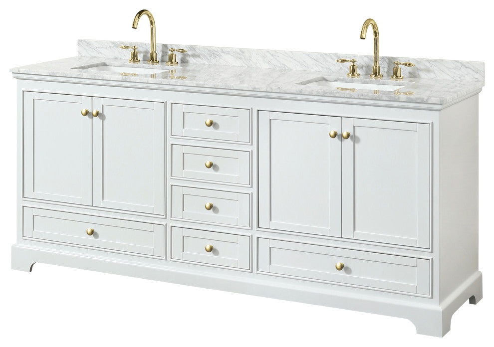 80" Double Bath Vanity, White, White Carrara Countertop, Sinks, Gold Trim